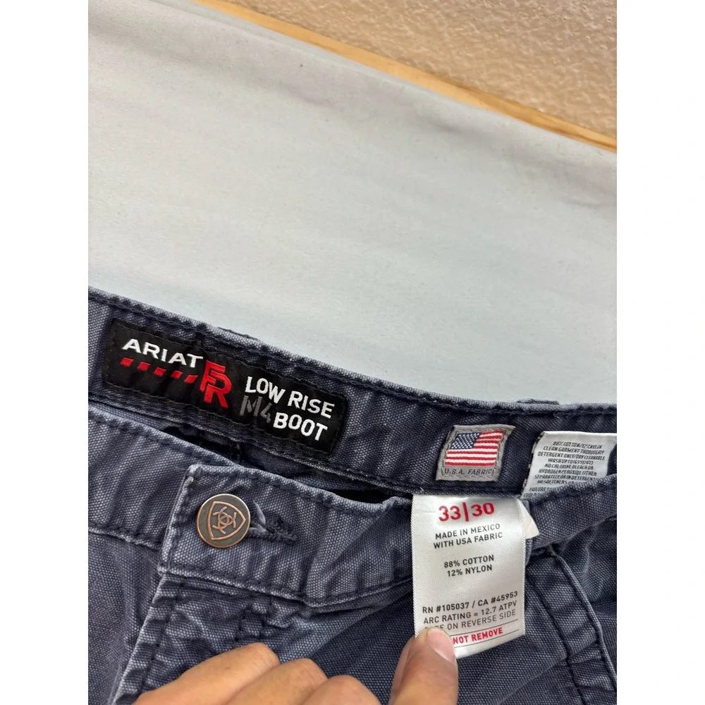 Ariat FR M4 Low Rise Boot Cut Work Pants Navy Blue 33x30 Distressed Flame Resist